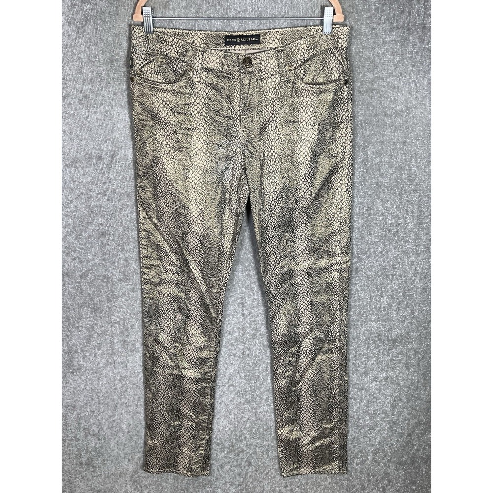 Rock & Republic Berlin Jeans Womens Size 14‎ Brown Black Gold Metallic Snakeskin